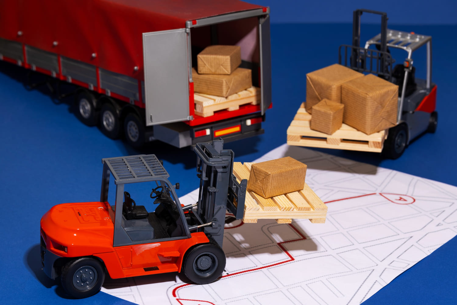 ilustração com empilhadeiras carregando uma caminhão para entrega de encomendas de e-commerce